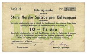 10 øre 1941/42. Serie Æ. Nr.5667. Blekkstreker på revers, noe skitten/inkwriting on reverse, some dirt