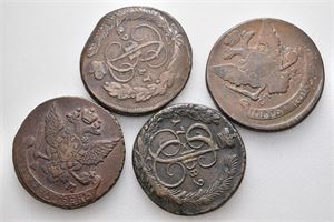 Catharina II, lot 4 stk. 5 kopek 1790, Anninsk. 1763, St.Petersburg, 1782, Kolyvan og 1763, Moskva