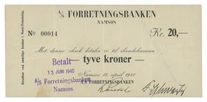 A/S Forretningsbanken, Namsos, 20 kroner 18. april 1940. No.00014. Flekk på advers/spot on obverse