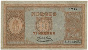 10 kroner 1945. Z.8012652. Erstatningsseddel/replacement note.