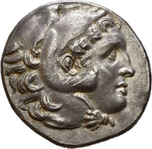 KINGS of MACEDON, Demetrios I Poliorketes, 306-283 BC. AR tetradrachm (16,91 g). In the name and types of Alexander III. Uncertain mint in Asia Minor. Struck circa 310-275 BC. Head of young Herakles right, wearing lion skin headdress / A?E?AN?POY, Zeus enthroned left, holding eagle and sceptre; head of ram facing left. Some old scuffs on obverse. Wonderful steel-grey toning with golden highlights around devices.