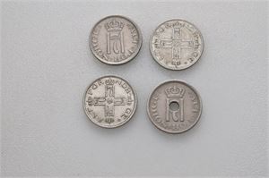 Lott 4 stk. 25 ører; 1909, 1915, 1922 u.h., og 1921 m.h.