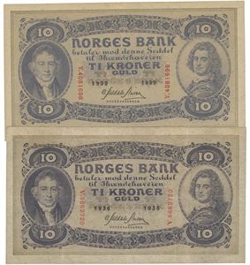 Lott 2 stk. 10 kroner 1936 V og 1939 Y