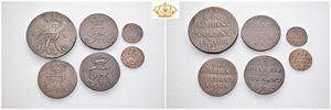 Lot 6 stk. 4 skilling 1809, 2 skilling 1810 og 1811, 1 skilling 1809 m/ovaler og 1812 (2, 1 dansk)