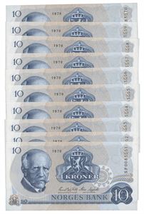 10 kroner 1978. HP0085661-70. Erstatningssedler, 10 stk.
