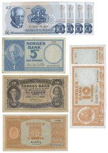 Norway. Lott 9 stk. 10 kroner 1940 Ø, 1950 M, 1971 B, 1973 P og 1984 CB x4, samt 5 kroner 1960 H