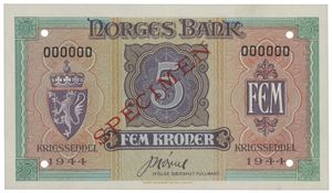 5 kroner 1944. 000000. Overtrykt "SPECIMEN" i rødt og perforert med 4 hull