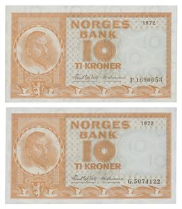 Lot 10 stk. 10 kroner 1972 F, G, H, J, K, L og 1973 M, N, P og R