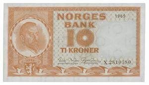 10 kroner 1969. X2810380. Erstatningsseddel/replacement note