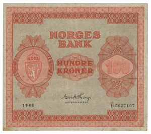 Norway. 100 kroner 1948. B5627107. Flekker/spots