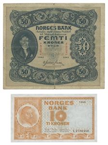 Lot 2 stk. 50 kroner 1942. C4270874 og 10 kroner 1966. I