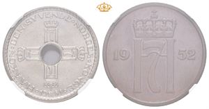 Lott 2 stk. 1 krone 1951 m/h og 5 øre 1952 type II