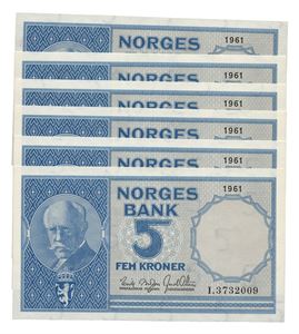 Lot 6 stk. 5 kroner 1961. I3732004-09. I nummerfølge
