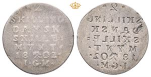 2 skilling 1802. Revers preget inkust på advers/reverse struck incuse on obverse. R