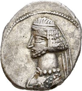 KINGS of PARTHIA. Mithradates IV (58-55 BC). AR drachm (4,05 g). Rhagai mint. Diademed and draped bust of Mithradates IV to left / Archer (Arsakes I) seated right on throne, holding bow; monogram below bow. Some deposits. Flat strike on reverse. Lightly toned.