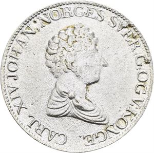 Carl XIV Johan 1818-1844. Speciedaler 1827/6. Har vært anhengt og forsølvet/has been mounted and silvered