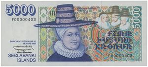 5000 krónur ND (1986). No. F00000403. Low serial number.