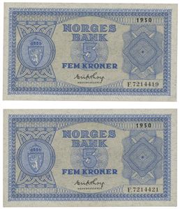 Lott 2 stk. 5 kroner 1950. F.7214419 og F.7214421