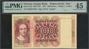 100 kroner 1977 HD0017676 Erstatningsseddel/replacement note