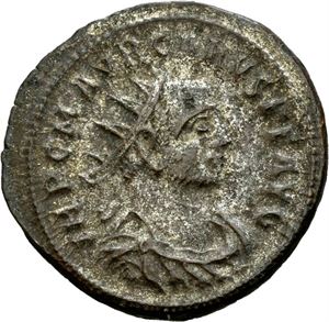 Carus 282-283, antoninian, Tripolis 283 e:kr. R: Carus og Carinus stående vendt mot hverandre