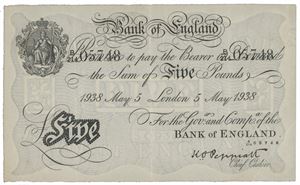 5 Pounds London 5.5.1938. No. B/214 05748. Operation Bernhard counterfeit.