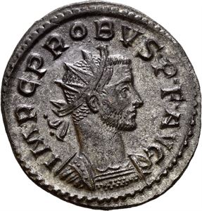 Probus. AD 276-282. AE antoninianus, Lugdunum AD 277, (4,29 g). Radiate and cuirassed bust of Probus right / MARS VICTOR, Naked Mars advancing right, holding spear and trophy over shoulder; officina mark II in exergue. Sharply struck and with some surface silver remaining.