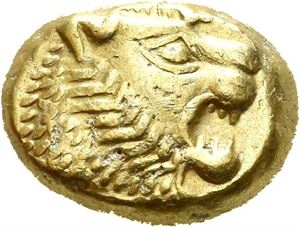 KINGS of LYDIA, Alyattes-Kroisos. Circa 620-550 BC. EL trite - 1/3 stater (4,68 g). Sardes mint. Head of roaring lion to right, sun with multiple rays on forehead / Two incuse squares. A few marks on the obverse.