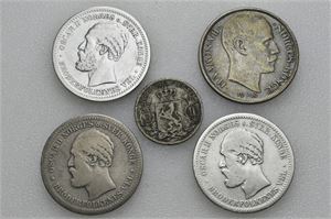 Lot 5 stk. 1 krone 1879, 1897, 1900, 1913 og 25 øre 1902