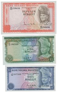 Lott 3 stk. 1, 5 og 10 ringgit ND (1967-76)