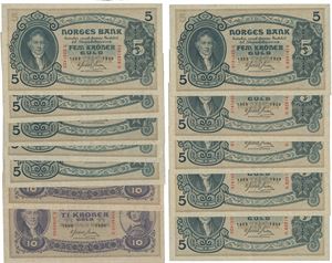 5 kroner 1939 R x10 og 10 kroner 1939 Æ x2, hvorav flere i nummerrekkefølge