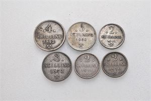 Lott 6 stk. skillemynt i sølv; 4 skilling 1842, 3 skilling 1868 og 1873, 2 skilling 1842, 1870 og 1871