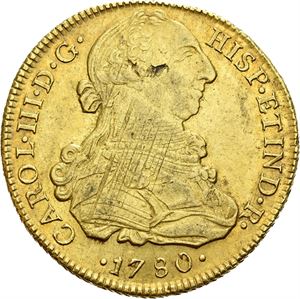 Carl III, 8 escudos 1780. Lima. Blankettfeil og valsespor/planchet defects and adjustment marks