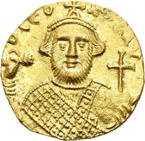 Leontius 695-698, AV solidus, Constantinople (4,30 g). Crowned bust facing, wearing loros, holding mappa and globus with cross/Cross potent on three steps