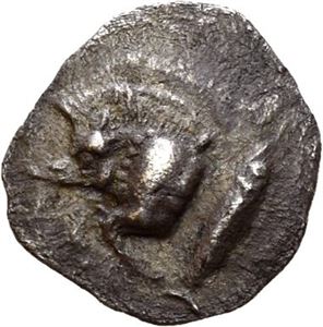 MYSIA, Kyzikos. 525-475 BC. AR hemiobol (0,33 g). Forepart of boar to left; tunny upward to right / Head of roaring lion left, with star to upper left. All within incuse square. Minor roughness. Toned.