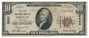 10 dollars 1929. The first national bank of Norway, Michigan. 6863 E000073A