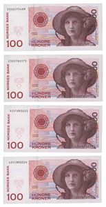 Lot 4 stk. 100 kroner 1995 (2), 1998 og 1999
