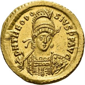 Theodosius II 402-450, solidus (4,48 g), Constantinople 430-440 e.Kr. R: Constantinopolis sittende mot venstre