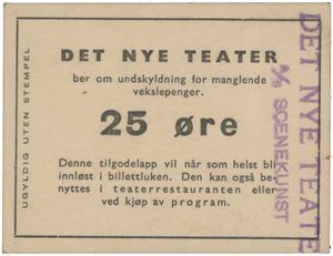 Det nye teater. 25 øre med stempel, datert 28/8-41.
