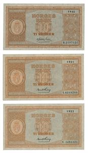 Lot 3 stk. 10 kroner 1945 B, 1951 T og 1952 V