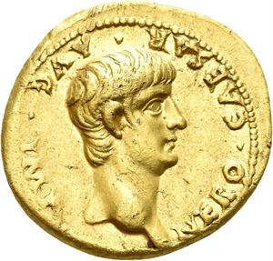 NERO 54-60, aureus, Roma 58-59 e.Kr. (7,63 g). R: Innskrift innenfor krans av eikeløv