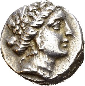 EUBOEA, Histiaia. Third to early second centuries BC. AR tetrobol (2,27 g). Head of the nymph Hisitaia to right, wreathed with grapes / ISTI-AIEON, Histiaia seated right, on galley stern, holding stylis. Struck with slightly worn dies. Light iridescent toning.