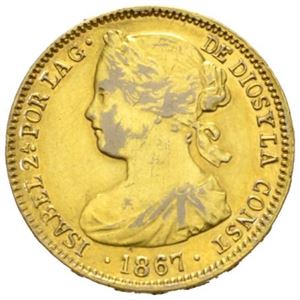 Isabella II, 10 escudos 1867. Forgylt platina/gilt platinum.