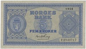 5 kroner 1950. F.2843717.