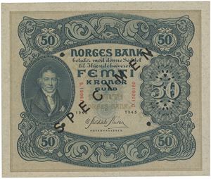 50 kroner 1945. D.1506180. Overtrykt SPECIMEN og perforert med 4 hull