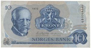 10 kroner 1972. QÆ0068346. Erstatningsseddel/replacement note