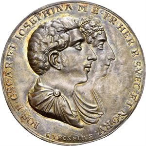 Oskar I og dronning Josephina, ensidig minnepenning. (3,60 g.). C. Troselius. Sølv. 40 mm