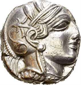 ATTICA, Athen. 454-404 BC. AR tetradrachm (17,18 g). Head of Athena in Attic helmet to right / ATE, Owl standing right, head facing; Olive spray and crescent to left. All within incuse square. A few marks and shallow scratches on cheek. Lustrous and lightly toned.