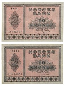 Lot 2 stk. 2 kroner 1944. C8805457 og 1949. G2126851