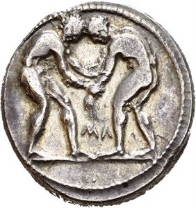 PAMPHYLIA, Aspendos. Circa 380-325 BC. AR stater (10,95 g). Two nude wrestlers grappling with each other; M? between / ESTFE?IIYS, Slinger in throwing stance right; triskeles in right field. All within dotted square frame. Some flatness of strike on the reverse. Wonderful iridescent cabinet toning.
