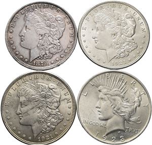 Morgan Dollar 1879, 1921 x2, Peace dollar 1923